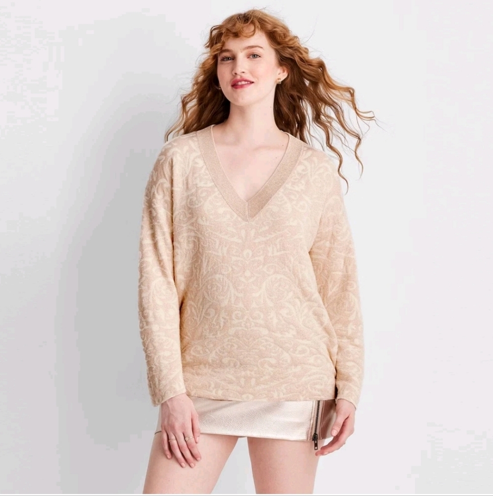 Future Collective Women's V-Neck Brocade Sweater ~ Cream